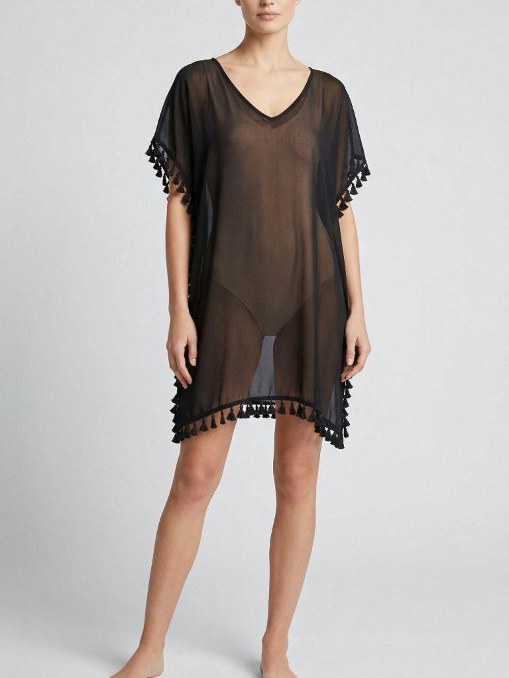 Women's Black Tassel-Trim Scoop Tunic Top